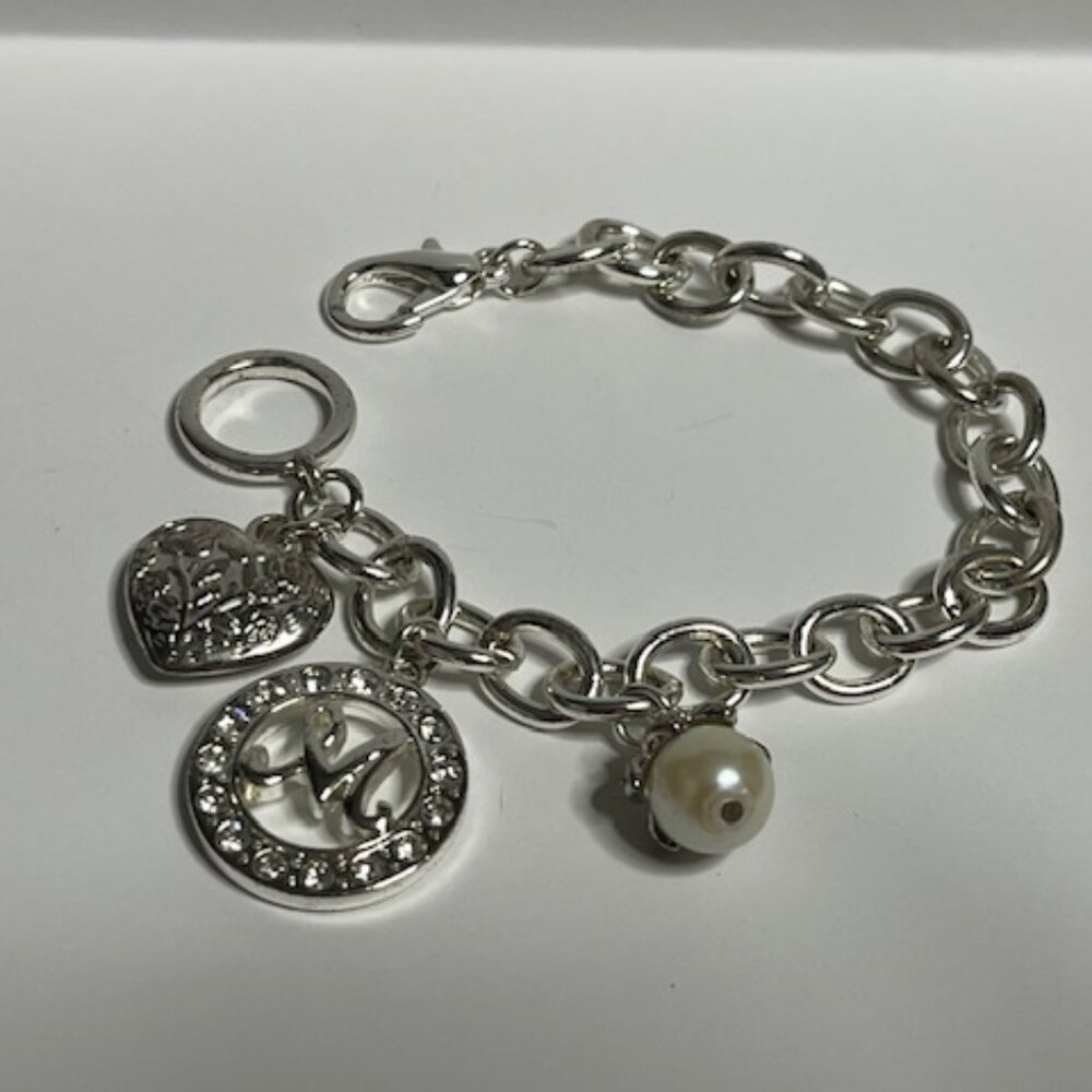 Silver-Tone Chain Charm Bracelet w/Heart, "M" Initial, Faux Pearl, Rhinestones